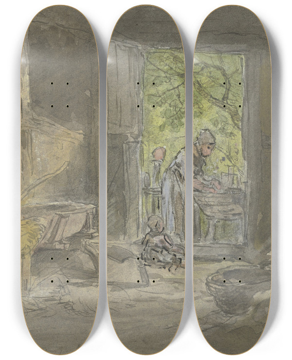 Triptych art skateboard deck of Anton Burger Bauernsscheune Vor Der Geffneten Tr Am Waschtrog Eine Frau Beschftigt by Anton Burger (1824-1905)