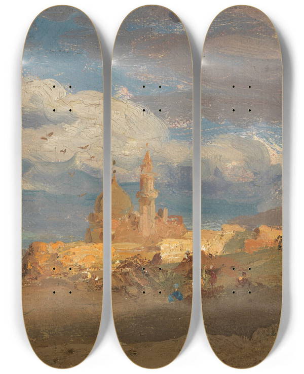 Triptych art skateboard deck of Carl Wuttke Die Kalifengrber Bei Kairo Ende by Carl Wuttke (1849-1927)