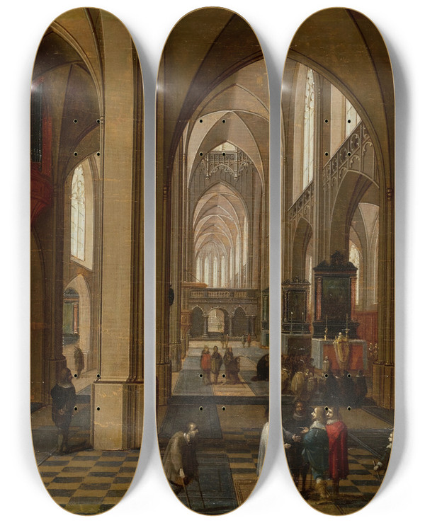 Triptych art skateboard deck of Pieter Neeffs The Elder Interior Of Agothic Cathedral by Pieter Neeffs The Elder (1620-1675)