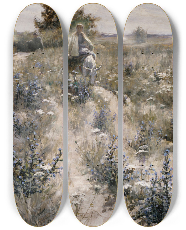 Triptych art skateboard deck of George Hitchcock The Flight Into Egypt by George Hitchcock (1850-1913)