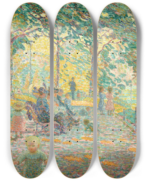 Triptych art skateboard deck of Ludovic Valle Laprsmidi Au Parc Montsouris by Ludovic Vallee (1864-1939)