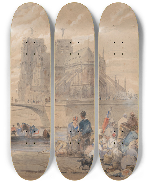 Triptych art skateboard deck of William Parrott Notre Dame Paris by William Parrott (1843-1915)