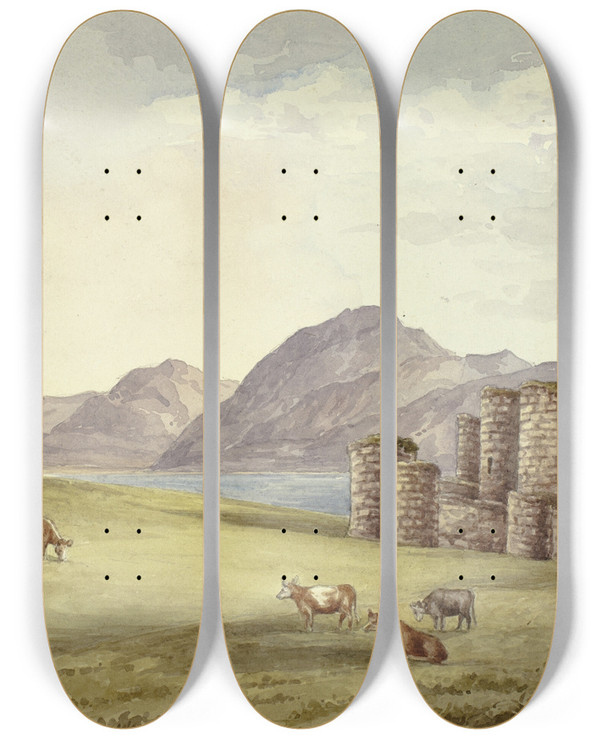 Triptych art skateboard deck of Elizabeth Murray Beaumans Castle by Elizabeth Murray (1815-1882)