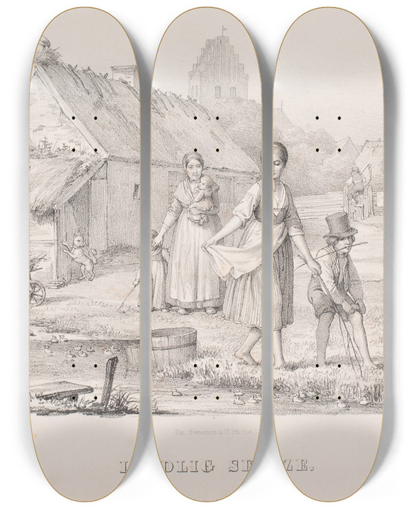Triptych art skateboard deck of Edvard Lehmann Landlig Skizze by Edvard Lehmann