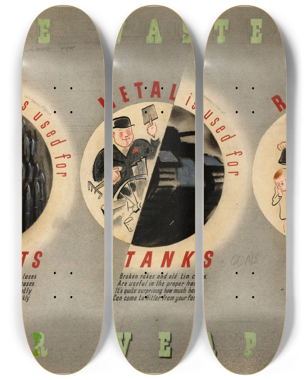 Triptych art skateboard deck of Abram Games Save Waste For War Weapons by Abram Games (1914-1996)