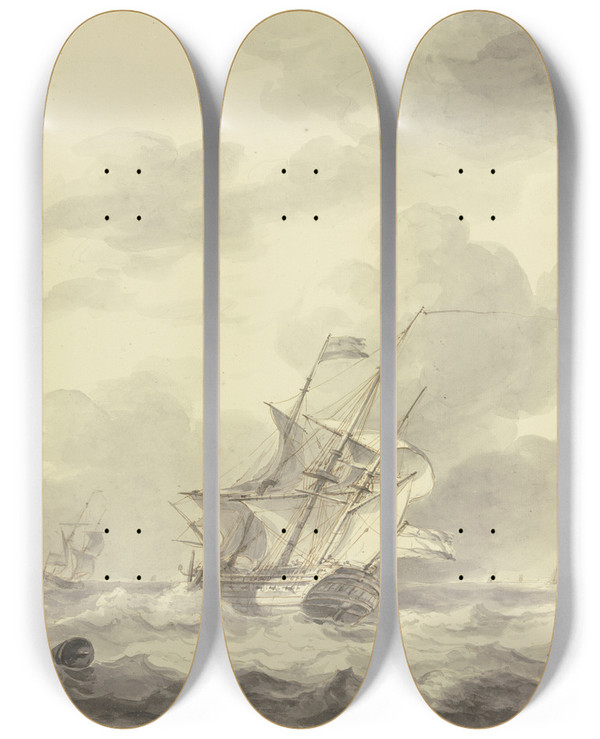 Triptych art skateboard deck of Martinus Schouman Zwei Schiffe Auf Bewegter See Links Eine Tonne_1 by Martinus Schouman (1770-1848)