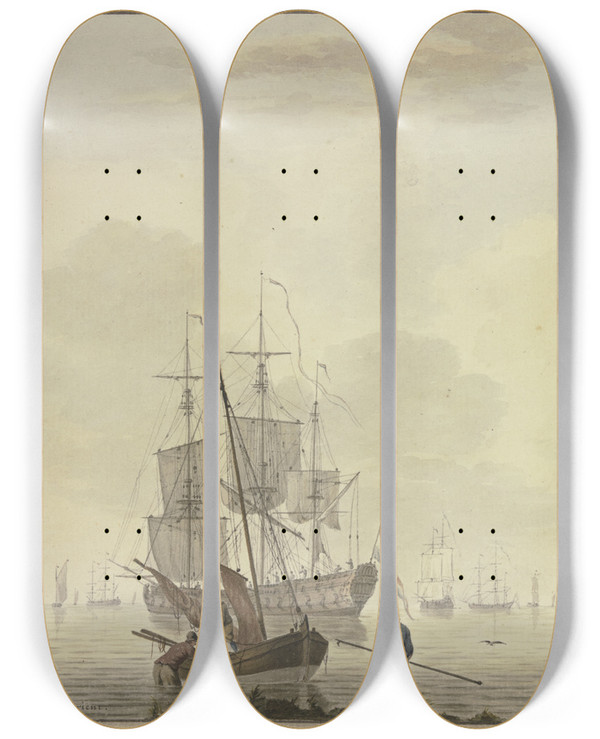 Triptych art skateboard deck of Cornelis De Grient Marine Rechts Ein Mann Der Einen Sack Trgt by Cornelis de Grient (1691-1783)