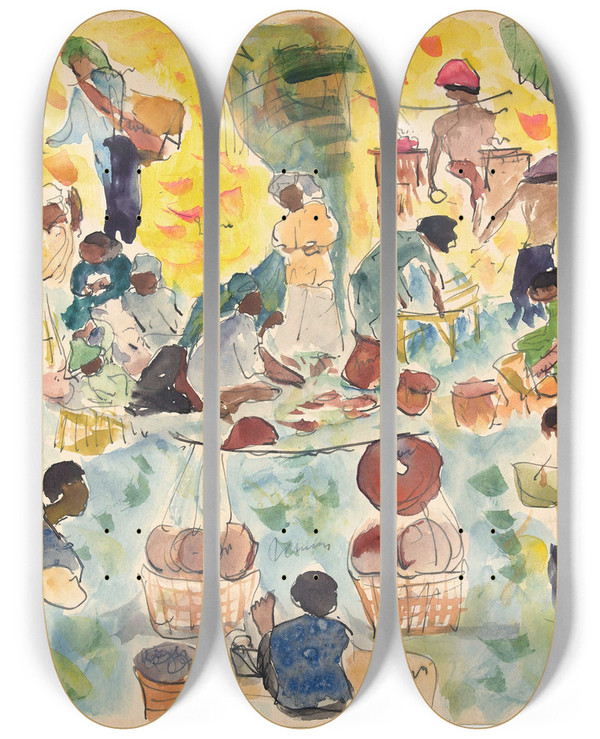 Triptych art skateboard deck of Pierre Jean Apol Markttafereel In Nederlandsindi by Pierre Jean Apol (1876-1947)