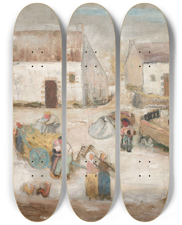 Triptych art skateboard deck of Tadeusz Makowski Work In A Farmstead by Tadeusz Makowski (1882-1932)
