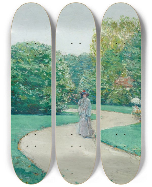 Triptych art skateboard deck of Childe Hassam Parc Monceaux Paris by Childe Hassam (1859-1935)