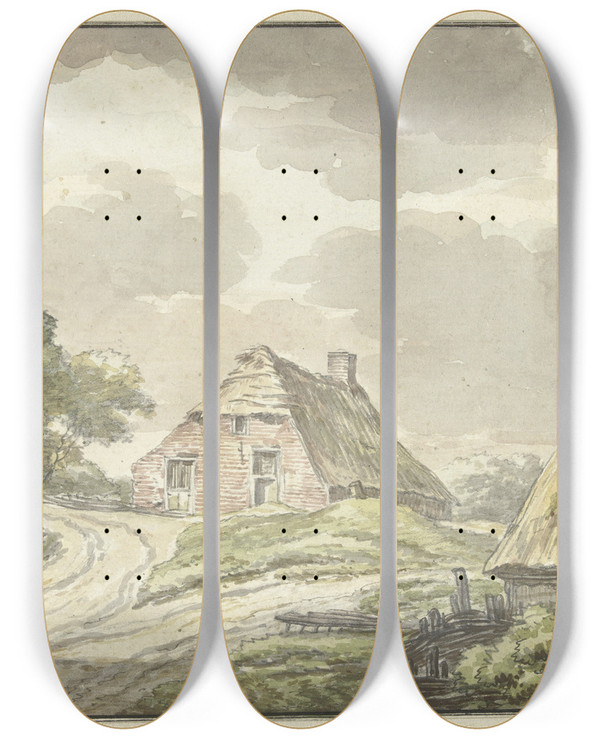 Triptych art skateboard deck of Jan Bulthuis Boerenhuis Aan De Splitsing Van Een Landweg by Jan Bulthuis (1750-1801)