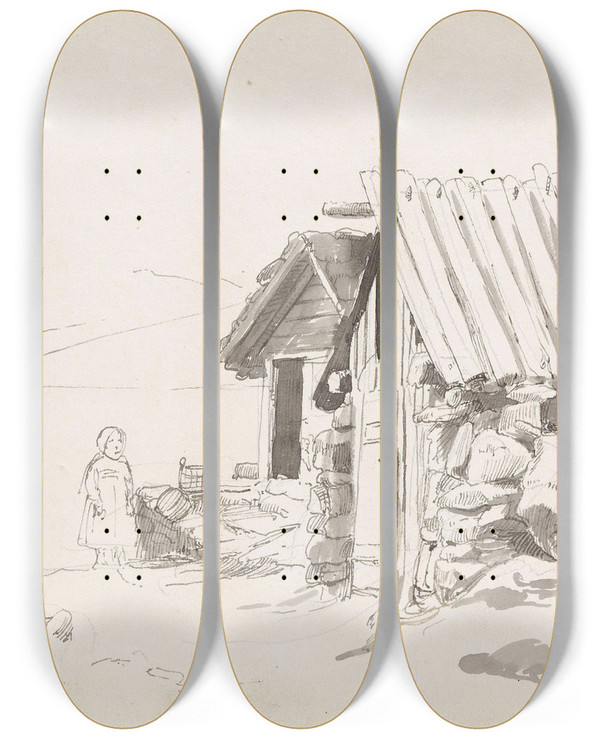 Triptych art skateboard deck of Adolph Tidemand Fra Gudvangen by Adolph Tidemand (1814-1876)