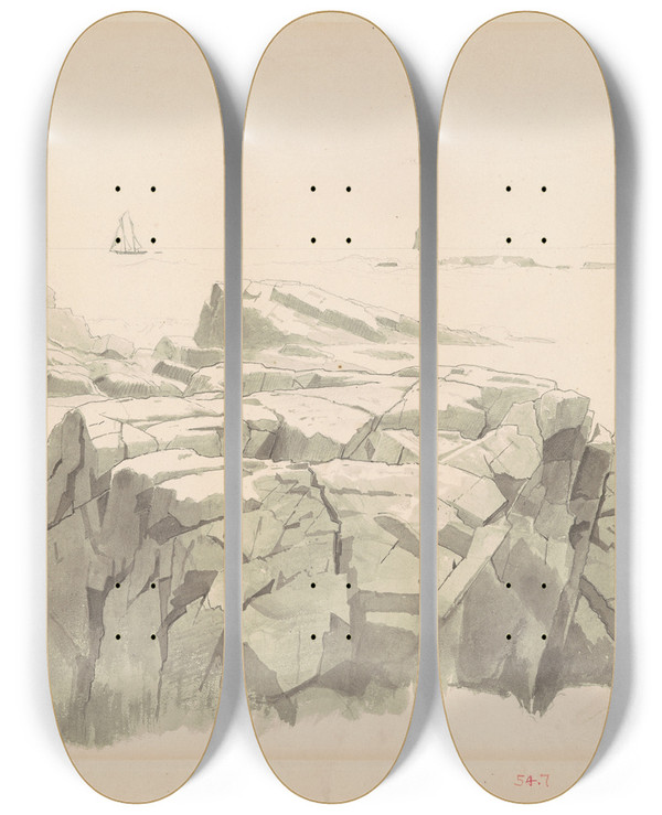 Triptych art skateboard deck of William Stanley Haseltine Shag Rocks Nahant Massachusetts by William Stanley Haseltine (1835-1900)