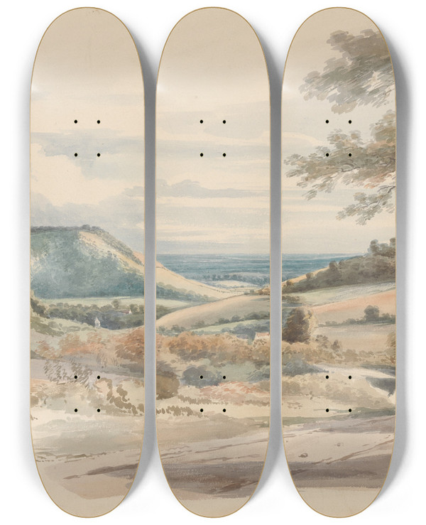 Triptych art skateboard deck of Alexander Monro Boxhill From West Humble Lane by Alexander Monro (1802-1844)