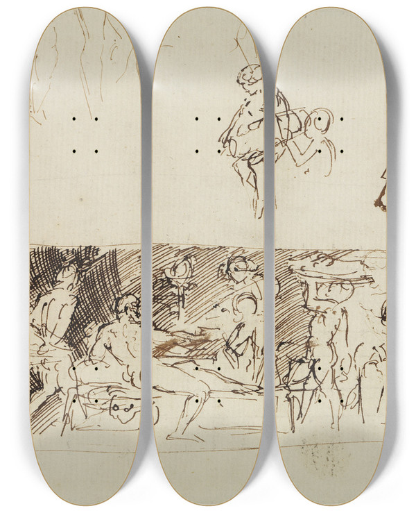 Triptych art skateboard deck of Moritz Von Schwind Herakles Beim Mahl by Moritz Von Schwind (1804-1871)