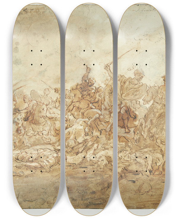Triptych art skateboard deck of Jacques Courtois Kavalerislagscene by Jacques Courtois (1621-1675)