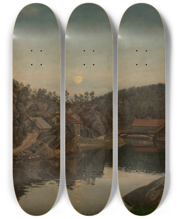 Triptych art skateboard deck of Amaldus Nielsen Aften Mindalen Risr by Amaldus Nielsen (1838-1932)