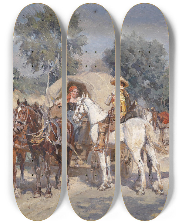 Triptych art skateboard deck of Wilhelm Velten Begegnung Auf Der Landstrae_2 by Wilhelm Velten (1847-1929)