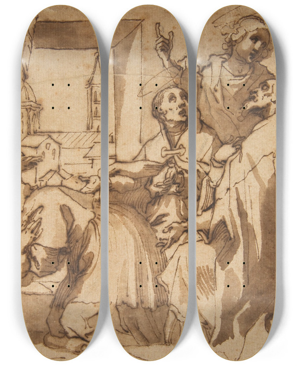Triptych art skateboard deck of Francesco Vanni Cardinal Paolo Sfondrato Kneeling Before Saint Cecilia Accompanied By Other Saints by Francesco Vanni (1563-1610)