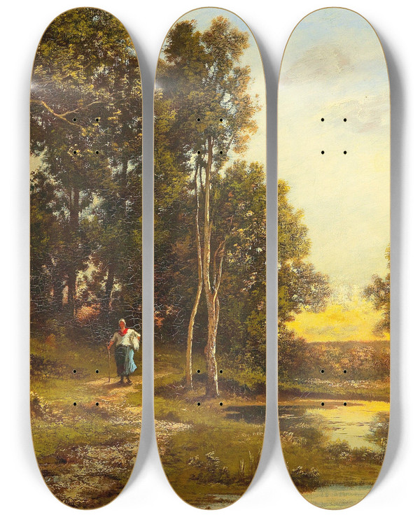 Triptych art skateboard deck of Leon Richet Am Heimweg by Leon Richet (1847-1902)