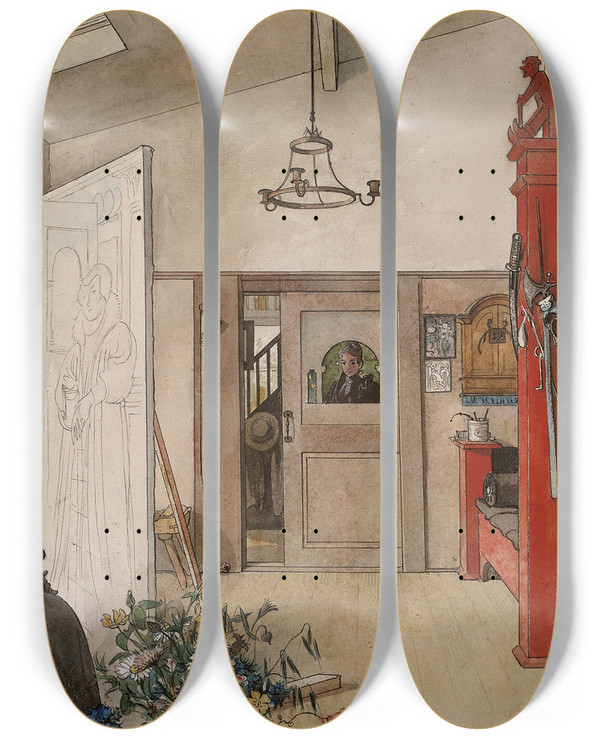 Triptych art skateboard deck of Carl Larsson The Studio_1 by Carl Larsson (1853-1919)