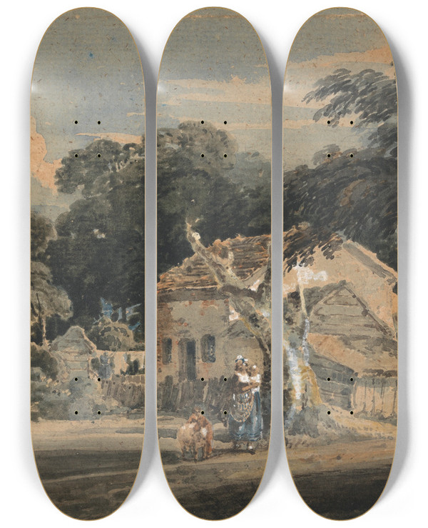 Triptych art skateboard deck of Thomas Girtin A Devonshire Farm by Thomas Girtin (1775-1802)
