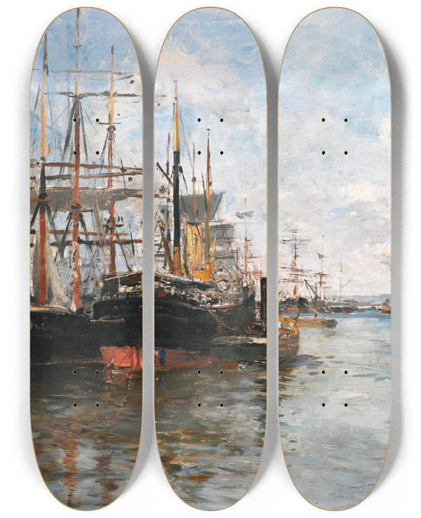 Triptych art skateboard deck of Edmondmarie Petitjean Bateaux En Rade_2 by Edmond Marie Petitjean (1844-1925)