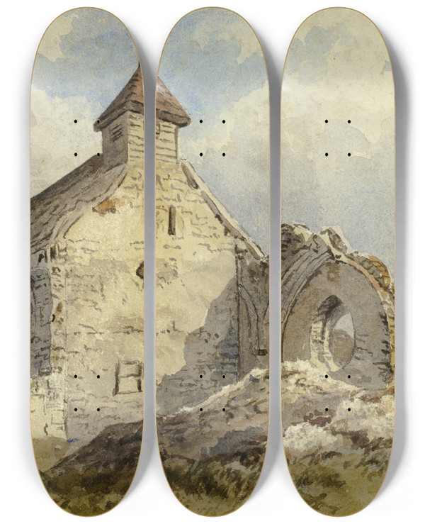 Triptych art skateboard deck of Charles John Hills Chapel Ruins by Charles John Hills (19-)