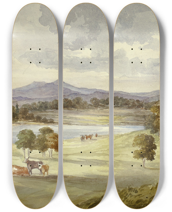 Triptych art skateboard deck of Elizabeth Murray Cows In Landscape by Elizabeth Murray (1815-1882)