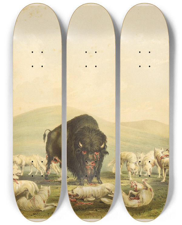 Triptych art skateboard deck of George Catlin Buffalo Hunt White Wolves Attacking Buffalo Bull by George Catlin (1796-1872)