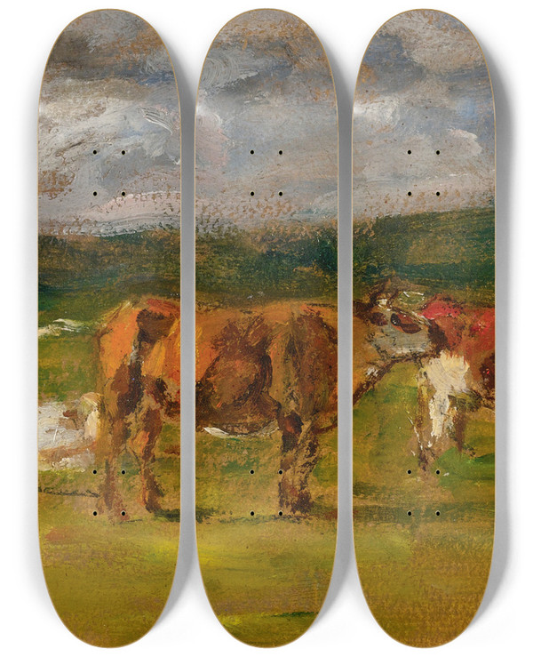 Triptych art skateboard deck of Eugne Boudin Vaches Au Pturage Tude by Eugene Boudin (1824-1898)