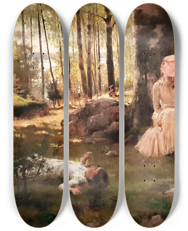 Triptych art skateboard deck of Albert Edelfelt Under The Birches by Albert Edelfelt (1854-1905)