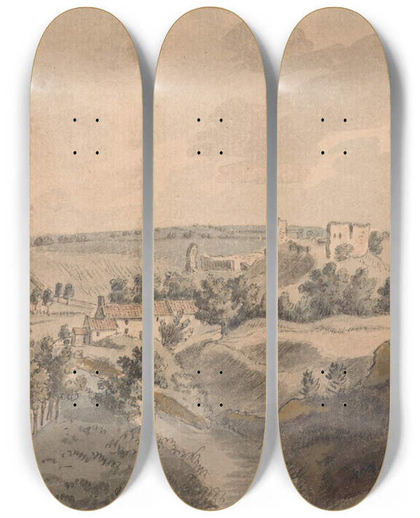 Triptych art skateboard deck of Capt Francis Grose Mitford Castle Northumberland by Capt Francis Grose (1731-1791)