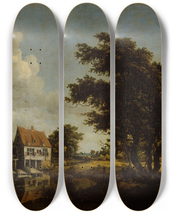 Triptych art skateboard deck of Meindert Hobbema Les Moulins by Meindert Hobbema (1638-1709)