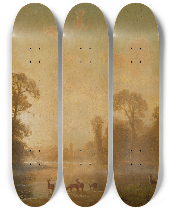 Triptych art skateboard deck of Albert Bierstadt Twilight With Deer by Albert Bierstadt (1830-1902)