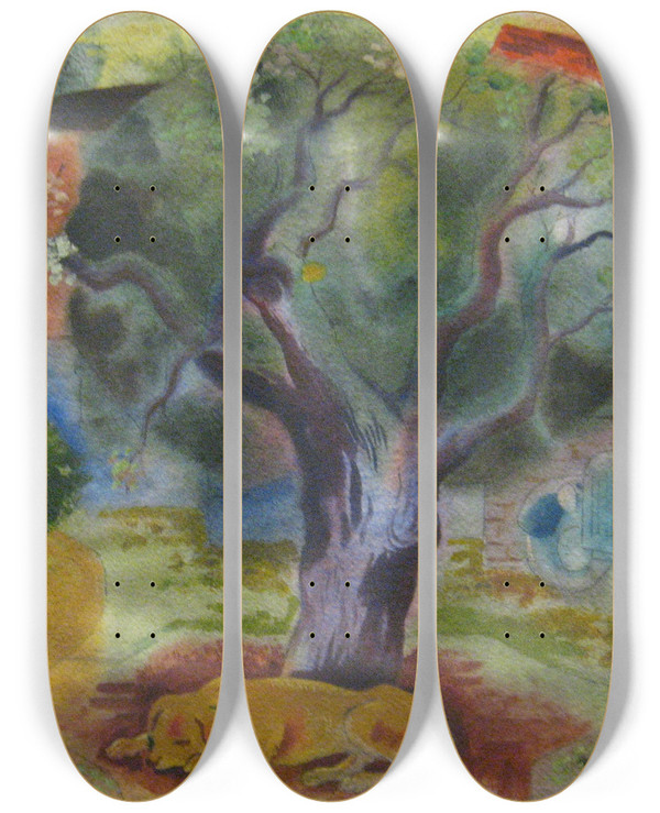 Triptych art skateboard deck of Richard Sussman Summer Day by Richard Sussman (1908-1971)