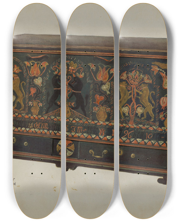 Triptych art skateboard deck of Frances Lichten Pa German Painted Chest by Frances Lichten (1889-1961)