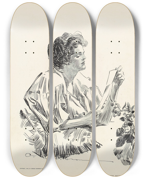 Triptych art skateboard deck of Charles Dana Gibson The Morning Note_1 by Charles Dana Gibson (1867-1944)