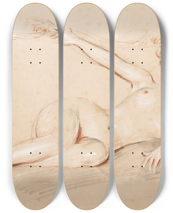 Triptych art skateboard deck of Paul Csar Helleu Lying Nude On A Sofa by Paul Cesar Helleu (1859-1927)