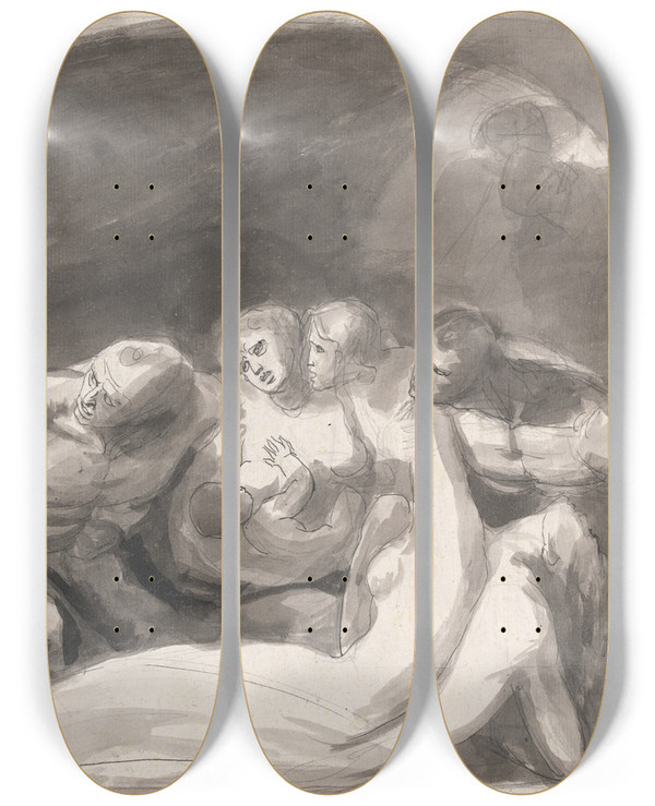 Triptych art skateboard deck of George Romney Howard Visiting A Prison_1 by George Romney (1734-1802)