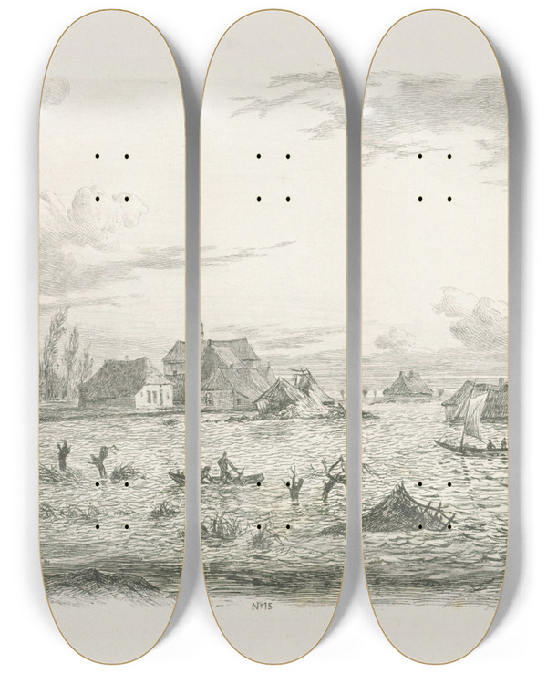 Triptych art skateboard deck of George Andries Roth Overstroming Te Kessel by George Andries Roth (1809-1887)