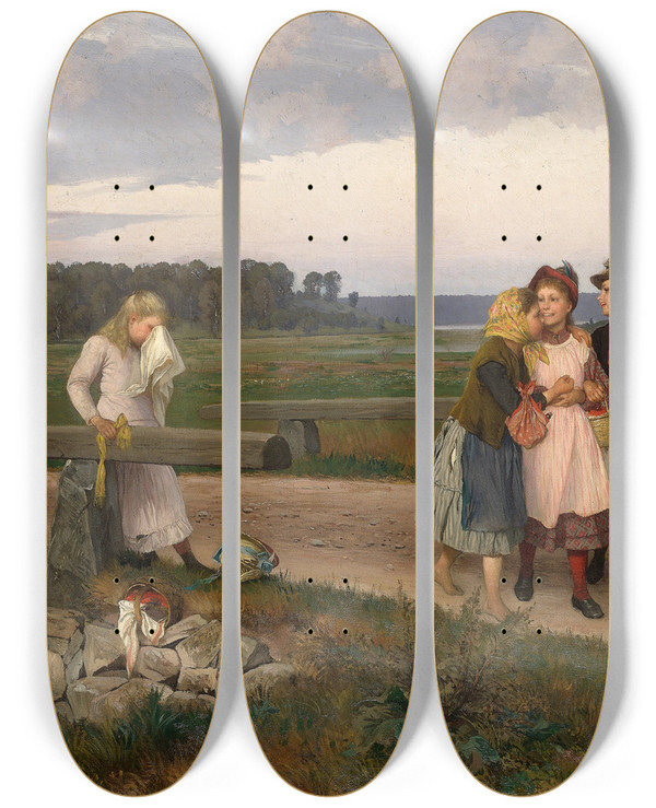 Triptych art skateboard deck of August Malmstrm The Telltale by August Malmstrom (1829-1901)
