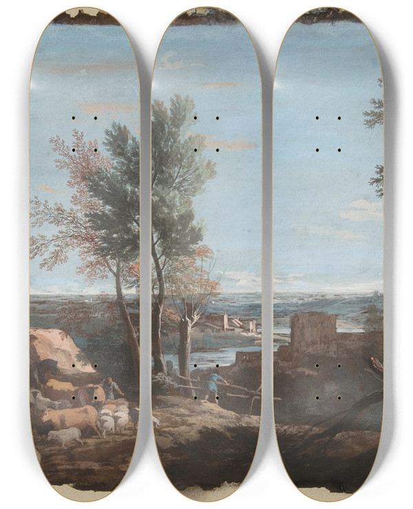 Triptych art skateboard deck of Marco Ricci Extensive Pastoral Landscape by Marco Ricci (1676-1729)