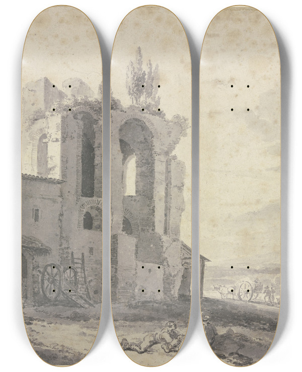 Triptych art skateboard deck of Jan Asselijn Roman Ruins_2 by Jan Asselijn (1610-1652)