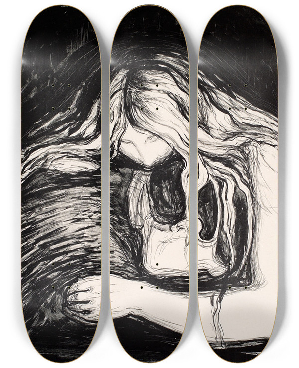 Triptych art skateboard deck of Edvard Munch Vampire I by Edvard Munch (1863-1944)