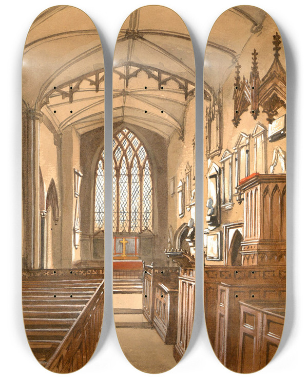Triptych art skateboard deck of Allen Edward Everitt Old Handsworth Church Before Its Restoration by Allen Edward Everitt (1824-1882)