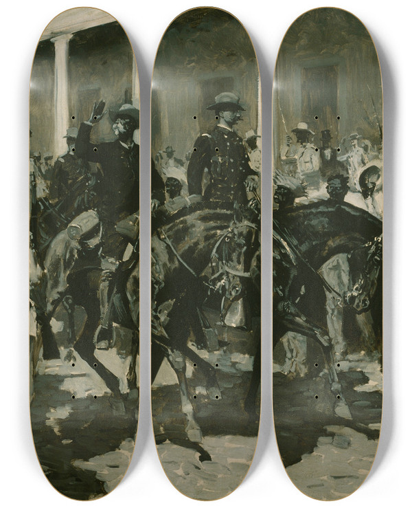 Triptych art skateboard deck of Frederic Remington The Return Of Gomez To Havana by Frederic Remington (1861-1909)