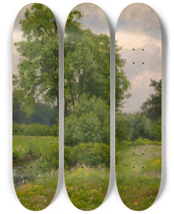 Triptych art skateboard deck of Alfred Elsen Landscape by Alfred Elsen