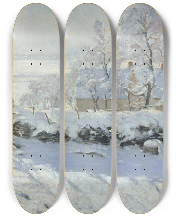 Triptych art skateboard deck of Claude Monet The Magpie by Claude Monet (1840-1926)