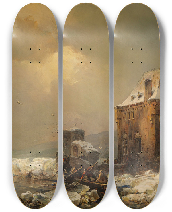 Triptych art skateboard deck of Carl Hilgers Eisfischer Am Wasserschloss by Carl Hilgers (1818-1890)